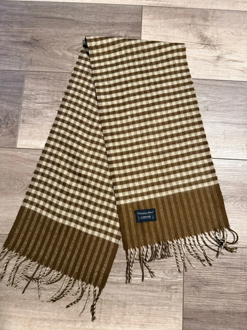 Dior Brown & Cream Checked Cashmere Scarf